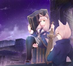  1boy animal_ears bad_id bad_pixiv_id blue_eyes brown_hair checkered dog_ears earrings female holding jewelry long_hair momoshiki_tsubaki original sitting sky star_(sky) starry_sky suitcase sword thighhighs weapon 