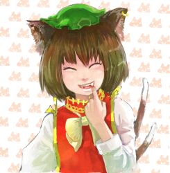  animal_ears cat_ears chen closed_eyes commentary_request fangs female ma_nyan_(nyao_mao_nyao) smile solo touhou upper_body 