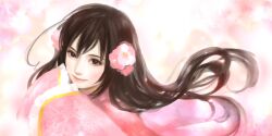  ahoge axis_powers_hetalia brown_eyes brown_hair commentary_request female flower hair_flower hair_ornament lips long_hair lotus_(elico) photoshop_(medium) plum_blossoms sleeves_past_wrists smile solo taiwan_(hetalia) upper_body wide_sleeves 