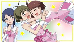  1boy 2girls akizuki_ryo antenna_hair bare_shoulders blush bow brown_eyes brown_hair closed_eyes commentary_request crossdressing cute_&amp;_girly_(idolmaster) dearly_stars_(idolmaster) glomp hidaka_ai hug idolmaster idolmaster_dearly_stars jewelry mizutani_eri multiple_girls odd_one_out open_mouth otoko_no_ko photoshop_(medium) pink_bow pink_wrist_cuffs short_hair smile sweatdrop tame_meshi wrist_cuffs 