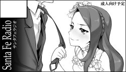  1boy bad_id bad_pixiv_id bare_shoulders black_border blush border braid circle_cut dress female flower formal greyscale hair_flower hair_ornament idolmaster idolmaster_(classic) long_hair looking_up minase_iori monochrome necktie necktie_grab neckwear_grab producer_(idolmaster) producer_(idolmaster_anime) smile suit tkhs 