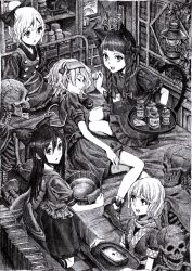  5girls bed book bow braid bucket cape commentary_request graphite_(medium) greyscale hairbow highres kaenbyou_rin komeiji_satori kurodani_yamame lantern long_hair looking_at_viewer looking_back lying medicine mizuhashi_parsee monochrome multiple_girls nobita_(makoto7060355) on_side reiuji_utsuho short_hair sick skeleton third_eye touhou towel towel_on_head traditional_media tray twin_braids water wings 