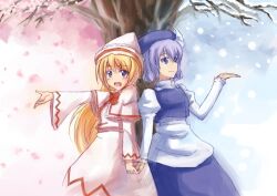  2girls apron arm_up bad_id bad_pixiv_id blonde_hair blue_eyes capelet cherry_blossoms dress hat holding_hands interlocked_fingers leaning_back letty_whiterock lily_white long_hair multiple_girls open_mouth petals pink_dress purple_hair shirt short_hair skirt smile snow snowing spring_(season) touhou tree vest winter yuki_shizuku 