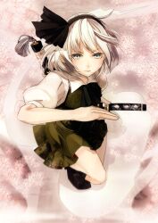  bad_id bad_pixiv_id commentary_request female ghost grey_eyes hair_ribbon hand_on_hilt highres katana konpaku_youmu konpaku_youmu_(ghost) memai photoshop_(medium) ribbon shirt short_hair skirt solo sword touhou weapon white_hair 