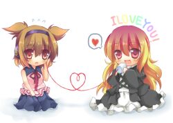  2girls blonde_hair bow brown_eyes brown_hair chibi commentary_request cup dress earmuffs english_text gradient_hair heart heart_of_string hijiri_byakuren kujou_mikuru long_hair multicolored_hair multiple_girls red_eyes reverse_translation short_hair skirt spoken_heart string string_of_fate string_phone touhou toyosatomimi_no_miko translated 