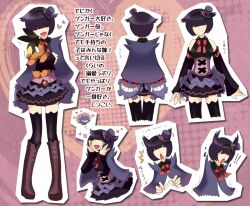  black_legwear boots detached_sleeves gengar genko_(natsuki_tomo) hair_over_eyes hat mini_top_hat natsuki_tomo pixiv_trainer pokemon purple_hair short_hair skirt surprised tepig thighhighs top_hat translation_request zettai_ryouiki 