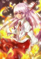  bow commentary_request female fire fujiwara_no_mokou hair_ribbon hairbow inaba-no-kuni-tottori long_hair ofuda pants pink_eyes pink_hair ribbon shirt solo touhou 