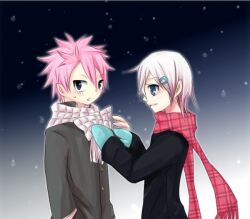  1boy blue_eyes coat fairy_tail female gloves lisanna lisanna_strauss natsu_dragneel night otokazu@seifuku_kikaku pink_hair pixiv_thumbnail resized scarf short_hair snow white_hair 