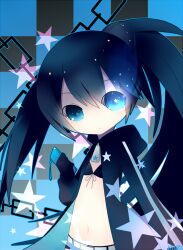  bikini bikini_top_only black_hair black_rock_shooter black_rock_shooter_(character) blue_eyes cellphone chains checkered_background coat commentary female flaming_eye glowing kyuri_tizu long_hair phone solo star_(symbol) swimsuit symbol-only_commentary twintails 