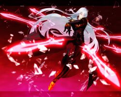  1boy albino boots commentary_request duke_pantarei gloves glowing kagio_(muinyakurumi) long_hair male_focus photoshop_(medium) red_background red_eyes red_theme solo sword tales_of_(series) tales_of_vesperia weapon white_hair 