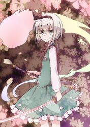  black_hairband bow bowtie commentary_request dress_shirt female ghost green_eyes hair_between_eyes hair_ribbon hairband highres hitodama katana konpaku_youmu konpaku_youmu_(ghost) ribbon scabbard sheath shirt short_hair skirt smile solo sword touhou unsheathing vest weapon white_hair yutamaro 