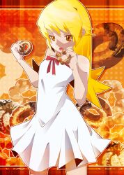  bad_id bad_pixiv_id bare_shoulders blonde_hair choco_fashion doughnut dress female food highres long_hair monogatari_(series) nisemonogatari old-fashioned_doughnut oshino_shinobu photoshop_(medium) pon_de_ring solo yadokugaeru yellow_eyes 