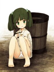  barefoot blush bucket chopsticks commentary_request eating female food green_eyes green_hair hair_bobbles hair_ornament hiyayakko_(food) japanese_clothes kimono kisume panties pantyshot revision short_hair sitting smile solo tofu touhou twintails underwear urin white_kimono white_panties wooden_bucket 