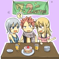  1boy 2girls bare_shoulders black_eyes blonde_hair blue_eyes breasts brown_eyes cake erinan fairy_tail food grey_hair lisanna lisanna_strauss lucy_heartfilia multiple_girls natsu_dragneel open_mouth pink_hair pixiv_thumbnail resized sandwiched scarf 