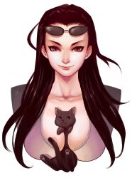  animal animal_between_breasts bad_deviantart_id bad_id between_breasts black_hair blue_eyes breasts cleavage collarbone eyebrows eyewear_on_head feline female hair_slicked_back kate_niemczyk kitten large_breasts lips long_hair looking_at_viewer nico_robin nose one_piece photoshop_(medium) simple_background solo sunglasses upper_body 