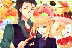  1boy ahoge ajuvyrvosjfj alternate_costume apollo_chocolate artoria_pendragon_(fate) bad_id bad_pixiv_id black_hair blonde_hair blue_necktie candy character_name chocolate diarmuid_ua_duibhne_(lancer)_(fate) doughnut fate/zero fate_(series) female food fork formal fruit green_eyes heart heart-shaped_chocolate jelly_bean long_hair macaron mole mole_under_eye necktie pancake pancake_stack pon_de_ring ponytail red_necktie saber_(fate) sprinkles strawberry suit sweets vest waistcoat yellow_eyes 