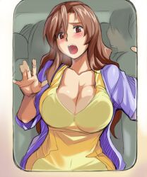  against_glass blush breast_press breasts breasts_on_glass brown_eyes brown_hair cleavage commentary_request curvy female interlude large_breasts long_hair marufuji_izumi open_mouth tank_top tsuda_nanafushi 