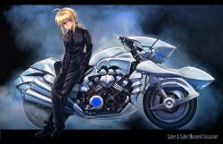  ahoge artoria_pendragon_(fate) blonde_hair boyaking commentary_request fate/zero fate_(series) female formal motor_vehicle motorcycle necktie pant_suit pants photoshop_(medium) ponytail saber_(fate) solo suit 