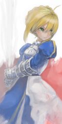  ahoge armor armored_dress artoria_pendragon_(fate) bad_id bad_pixiv_id blonde_hair dress fate/stay_night fate_(series) female gauntlets green_eyes hair_ribbon highres invisible_air_(fate) masuchi puffy_sleeves ribbon saber_(fate) solo sword weapon 