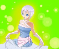  bare_shoulders blue_eyes breasts dress fairy_tail female gloves lisanna lisanna_strauss open_mouth short_hair white_hair 