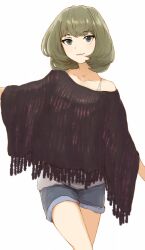  blue_eyes commentary_request dani-ikapi denim denim_shorts duplicate female fringe_trim green_eyes heterochromia idolmaster idolmaster_cinderella_girls image_sample md5_mismatch mole mole_under_eye no_legwear pixel-perfect_duplicate pixiv_sample poncho shawl short_hair shorts smile solo takagaki_kaede 