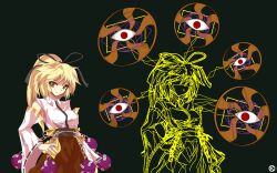  alphes_(style) blonde_hair chains commentary_request detached_sleeves electricity eyeball female hair_ribbon hand_on_own_hip kaoru_(gensou_yuugen-an) long_hair orange_eyes orb parody ponytail ribbon smile style_parody touhou touhou_(pc-98) yuugenmagan 