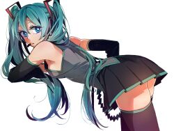  aqua_hair ateka bare_shoulders bent_over blue_eyes boots commentary_request detached_sleeves female hair_ribbon hatsune_miku headset long_hair looking_back ribbon skirt solo thigh_boots thighhighs twintails very_long_hair vocaloid zettai_ryouiki 