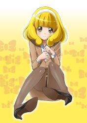  aged_up blonde_hair blush bow brown_eyes brown_pantyhose commentary_request eyelashes female formal full_body gradient_background hairband high_heels highres legs looking_at_viewer mahkn office_lady pantyhose precure shoe_soles shoes sitting skirt skirt_suit smile_precure solo suit white_hairband yayoi_kise yellow_background 