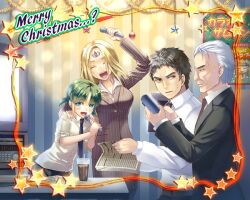  3boys aisagi ash_(dinosaur) black_hair blonde_hair book closed_eyes commentary_request contemporary dinosaur_(game) female formal glass green_hair group_picture heath_(dinosaur) karaoke landy_(dinosaur) long_hair merry_christmas microphone multiple_boys necktie pantyhose ruon_(dinosaur) smile star_(symbol) suit white_hair 