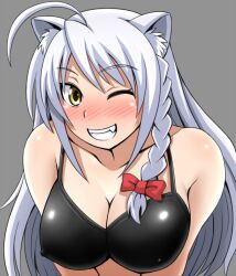  ahoge animal_ears black_bra blush bra braid breasts breasts_squeezed_together cleavage commentary_request covered_nipples dog_days female jean-louis_(yuasa_rengou) large_breasts leonmitchelli_galette_des_rois lingerie lion_ears long_hair oerba_yun_fang one_eye_closed simple_background single_braid solo underwear v_arms white_hair yellow_eyes 