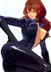  ass ayu161 bodysuit breasts brown_eyes brown_hair catsuit center_opening cleavage commentary_request female hand_on_own_hip large_breasts lips long_hair lupin_iii mine_fujiko shiny_clothes solo 