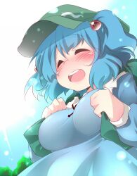  aki_(akikaze_asparagus) backpack bad_id bad_pixiv_id bag blue_eyes blue_hair blush breasts closed_eyes dress female hair_bobbles hair_ornament hat kawashiro_nitori large_breasts open_mouth short_hair sky smile solo touhou two_side_up 