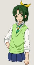  bad_id bad_pixiv_id cropped_torso eyelashes female green_eyes green_hair green_necktie green_sweater_vest grey_background hand_on_own_hip kurage midorikawa_nao nanairogaoka_middle_school_uniform necktie ponytail precure school_uniform short_hair skirt sleeves_rolled_up smile smile_precure solo sweater_vest vest 