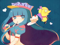  ayu_(mog) bad_id bad_pixiv_id blue_eyes blush cake chuck_(psg) colored_inner_hair female food fork fruit hat heart mouth_hold multicolored_hair panty_&amp;_stocking_with_garterbelt stocking_(psg) strawberry two-tone_hair 