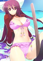  arm_support asu_no_yoichi bikini bikini_skirt black_socks bokken breasts cameltoe cleavage commentary_request female front-tie_top groin ikaruga_ibuki kneehighs large_breasts leaning_back light_smile long_hair open_clothes open_shirt partially_submerged pink_bikini purple_eyes purple_hair ryuuta_(msxtr) shiny_skin shirt side-tie_bikini_bottom sitting socks solo swimsuit sword very_long_hair water weapon wooden_sword 