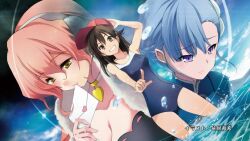  3girls anime_screenshot blue_hair braid brown_eyes brown_hair choker day end_card fin_e_ld_si_laffinty hat ikawa_waki kyouno_madoka letter love_letter muginami multiple_girls one-piece_swimsuit orange_hair partially_submerged purple_eyes rinne_no_lagrange sky swimsuit tears water yellow_eyes 