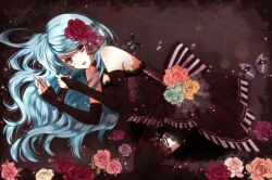  an-mar bad_id bad_pixiv_id black_dress black_thighhighs blue_eyes blue_hair detached_sleeves dress female flower garter_straps hair_flower hair_ornament hatsune_miku highres long_hair lying on_side red_flower solo thighhighs vocaloid 