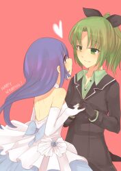  2girls aoki_reika bad_id bad_pixiv_id blue_eyes blue_hair bow dress elbow_gloves eye_contact formal gloves green_eyes green_hair hairbow heart highres hinagi_(fox_priest) jewelry long_hair looking_at_another midorikawa_nao multiple_girls photoshop_(medium) ponytail precure ring smile_precure suit wedding_dress wedding_ring wife_and_wife yuri 