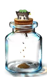  animal_ears bottle brown_eyes brown_hair cat_ears chen chibi commentary_request cork earrings eating female hat jewelry meme nagamo_sakana pixiv_bottle_(meme) shoes simple_background single_earring single_shoe solo touhou white_background 