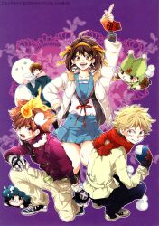  3boys armband artist_request belt blonde_hair blue_sailor_collar blue_skirt brown_eyes brown_hair coat crossover female fire gloves hair_ornament hairband highres katekyo_hitman_reborn! kita_high_school_uniform kyon lambo multiple_boys orange_hairband photoshop_(medium) reborn sailor_collar sawada_tsunayoshi scarf school_uniform serafuku short_hair skirt snowball snowman suzumiya_haruhi suzumiya_haruhi_no_yuuutsu winter_uniform 