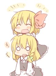  2girls :d :o ^^^ ^_^ apron bad_id bad_nicoseiga_id blonde_hair blush blush_stickers bow chibi climbing closed_eyes daitirumoesu dress hair_ribbon hairbow happy kirisame_marisa long_sleeves multiple_girls o_o oerba_yun_fang on_head open_mouth person_on_head ribbon rumia short_hair simple_background skirt skirt_set smile surprised touhou v-shaped_eyebrows white_background 