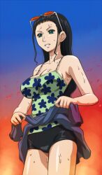  awa black_hair breasts cleavage eyewear_on_head female hair_slicked_back large_breasts long_hair nico_robin one_piece solo sunglasses wet 