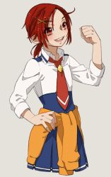  bad_id bad_pixiv_id clenched_hand clothes_around_waist cropped_torso eyelashes female grey_background hair_ornament hairclip hand_on_own_hip hino_akane_(smile_precure!) kurage nanairogaoka_middle_school_uniform open_mouth ponytail precure red_eyes red_hair school_uniform short_hair skirt sleeves_rolled_up smile smile_precure solo sweater sweater_around_waist wrist_flexed 