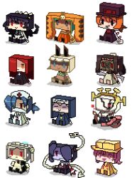  6+girls :d ^_^ animal_ears aqua_hair black_hair blonde_hair bloody_marie_(skullgirls) blue_hair blue_skin brown_hair cat_ears cerebella_(skullgirls) closed_eyes colored_skin commentary_request double_(skullgirls) dual_persona filia_(skullgirls) graphig grin hair_over_one_eye hat leviathan_(skullgirls) lowres maid mask monster mouth_mask ms._fortune_(skullgirls) multiple_girls nurse object_through_head open_mouth orange_hair painwheel_(skullgirls) parasoul_(skullgirls) peacock_(skullgirls) pink_hair pixel_art raincoat red_hair samson_(skullgirls) simple_background sitting skullgirls smile smirk squigly_(skullgirls) surgical_mask umbrella_(skullgirls) valentine_(skullgirls) vice-versa_(skullgirls) white_background white_hair yazuyapon 