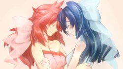  2girls amou_kanade bad_id bad_pixiv_id bare_shoulders blue_eyes blue_hair bow hairbow kazanari_tsubasa long_hair multiple_girls nanceee_305 ponytail red_eyes red_hair senki_zesshou_symphogear 