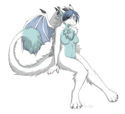  anthro avoid_posting breasts dragon ear_piercing female fur furred_dragon furred_scalie horn jewelry keihound looking_at_viewer mythological_creature mythological_scalie mythology necklace nude piercing scalie simple_background sitting solo white_background white_body white_fur wings 