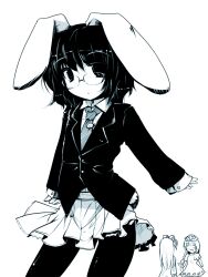  3girls ai_takurou animal_ears aqua_theme bespectacled blazer carrot chibi cosplay glasses inaba_tewi inaba_tewi_(cosplay) jacket monochrome multiple_girls necktie pantyhose rabbit_ears rabbit_tail reisen_udongein_inaba reisen_udongein_inaba_(cosplay) short_hair skirt tail touhou yagokoro_eirin 