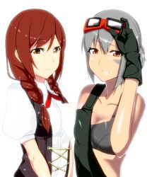  2girls adjusting_goggles amano_don asymmetrical_docking bad_id bad_pixiv_id black_gloves black_sports_bra braid breast_press breasts brown_eyes closed_mouth collarbone collared_shirt cross-laced_clothes dirty dirty_face from_side gloves god_eater god_eater_2:_rage_burst goggles goggles_on_head grey_hair grin hair_between_eyes hair_over_shoulder hair_tie hand_up kusunoki_rikka long_hair looking_at_viewer medium_breasts multiple_girls open_clothes open_vest overalls ponytail puffy_short_sleeves puffy_sleeves red_eyes red_hair shiny_skin shirt short_hair short_ponytail short_sleeves sidelocks simple_background smile sports_bra takeda_hibari twin_braids underwear upper_body vest white_background white_shirt 