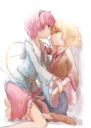  2girls blonde_hair commentary_request eyeball face-to-face green_eyes hairband half_updo hand_on_another&#039;s_cheek hand_on_another&#039;s_face holding_another&#039;s_wrist kneeling kokotetsu komeiji_satori mizuhashi_parsee multiple_girls open_mouth pink_eyes pink_hair pointy_ears sash scarf shirt short_hair sitting sitting_on_lap sitting_on_person skirt third_eye touhou wariza yuri 