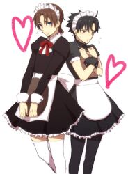  2boys afjc aged_down alternate_costume apron bad_id bad_pixiv_id black_eyes black_hair black_legwear blue_eyes blush brown_hair crossdressing emiya_kiritsugu enmaided fate/zero fate_(series) maid maid_headdress male_focus multiple_boys pantyhose photoshop_(medium) thighhighs tohsaka_tokiomi white_background white_thighhighs wrist_cuffs zettai_ryouiki 